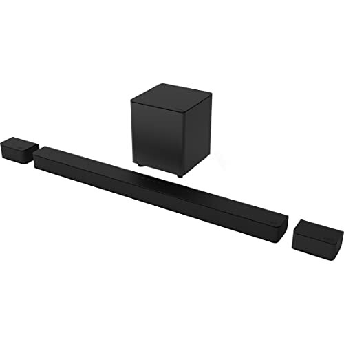 Black soundbar system with subwoofer and speakers.