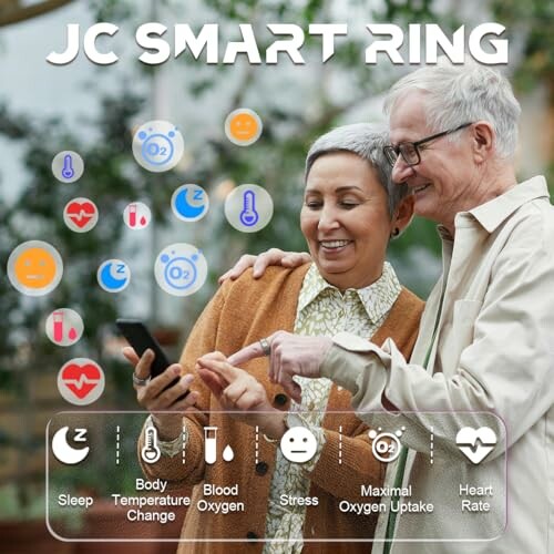 Elderly couple using JC Smart Ring with health icons displayed.