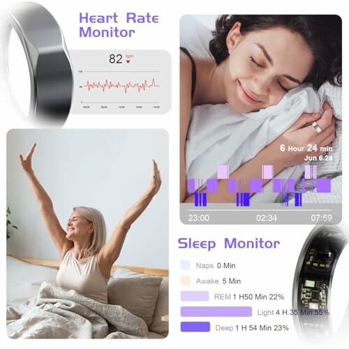 Collage of sleep and heart rate monitoring with graphs and people sleeping and waking up.