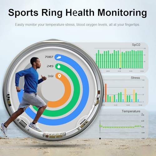 Man running with health monitoring data: SpO2, stress, temperature.