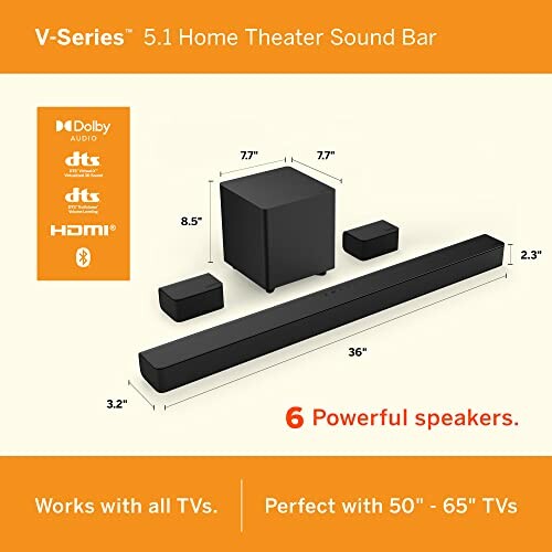 V-Series 5.1 home theater sound bar with subwoofer and speakers, compatible with 50-65 inch TVs.