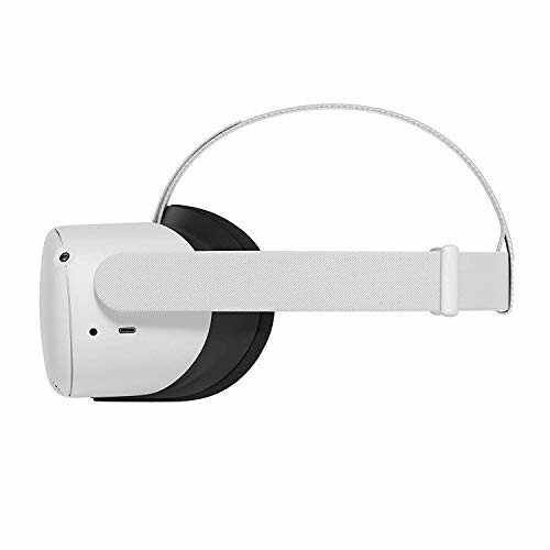 Side view of a white VR headset with strap