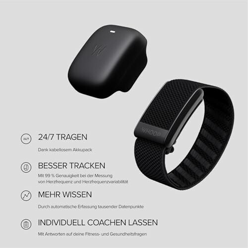 Whoop fitness tracker with strap and sensor, featuring tracking benefits.